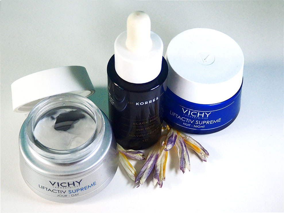Korres Black Pine Serum 3D Lifting Serum and Vichy Liftactiv Supreme face creams